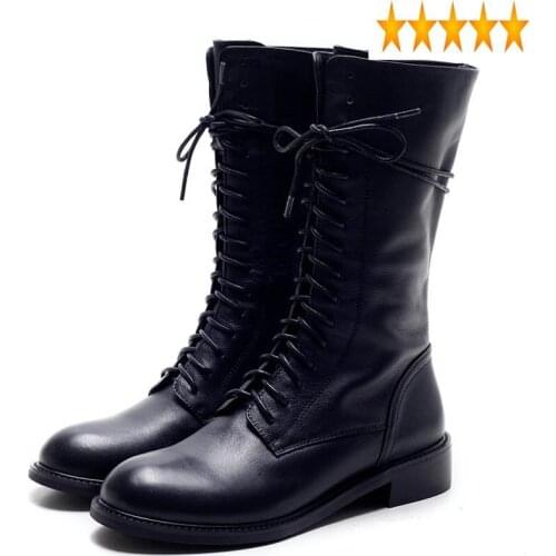 Genuine Leather Mid-Calf British Women Brand New Vintage Lace Up Block Heels Black Motorcycle Boots Military Shoes Woman