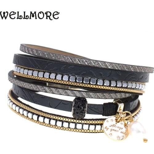 WELLMORE leather bracelets for women beaded bracelets magnet Bracelets & Bangles Multilayer Wide charm Bracelet women jewelry