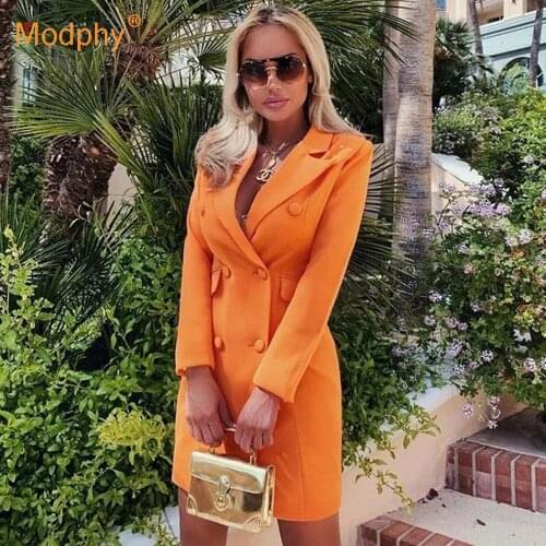 Autumn Winter Orange OL Solid Blazer For Women Lapel Collar Long Sleeve Button Tunic Coat Top Female 2020 Fashion Clothes New