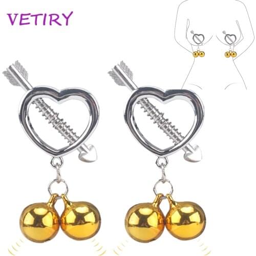 1 Pair Metal Breast Labia Clips Heart Shape Nipple Clamps with Bell Nipple Stimulator Teaser Adult Games Sex Toy for Women