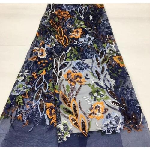 5yards/pc) high quality navy blue African net lace fantastic embroidered French lace fabric with sequins for party dress FSS300