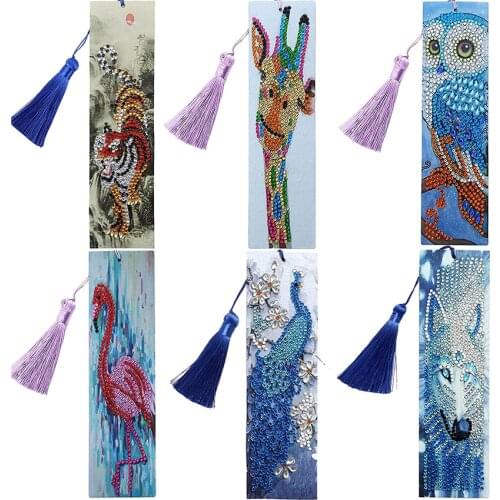 5D Diamond Painting Bookmarks Tiger Giraffe Owl Flamingo Peacock Wolf 6 Pack Kits for Adults DIY Bookmarks with Tassel Art Craft