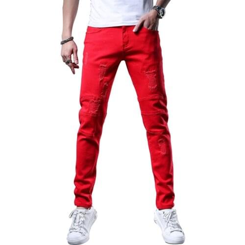 ABOORUN 2021 Mens Skinny Ripped Jeans White Red Patchwork Hole Denim Pants