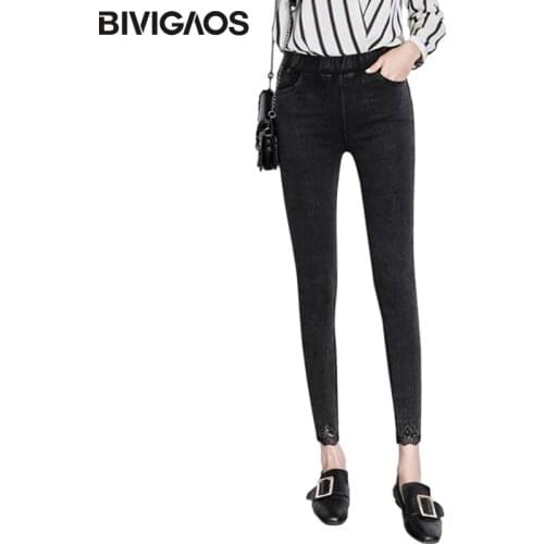 BIVIGAOS New Bottom Bem Lace Lacework Jeans Leggings Women Skinny Slim Pencil Pants Black Thin Stretch Jeggings Korean Jeans