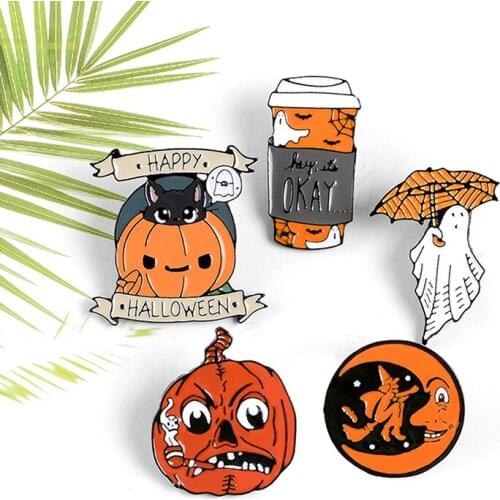 Happy Halloween Enamel Pin Trick Or Treat Ghost Pumpkin Brooch For Friends Men Women Kids Denim Jeans Bags Punk Jewelry Gift