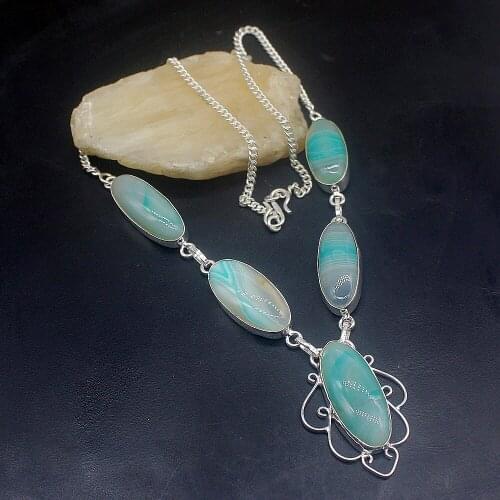 Hermosa Jewelry Rare Stylish Green BotswanaAgate Silver Color Chain Necklace for Women Ladies Gift 20 Inch FQ08