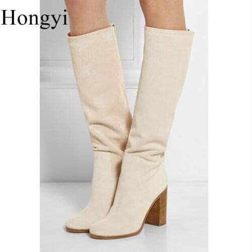 Hongyi Autumn and winter thick heel boots genuine leather beige martin boots women chunky heel high long knee high boot