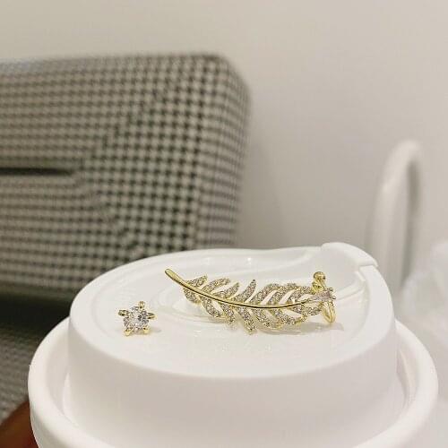 Exquisite AAA zircon asymmetrical leaf feather ear bone clip earrings 14K real gold plating sweet womens wedding party earrings