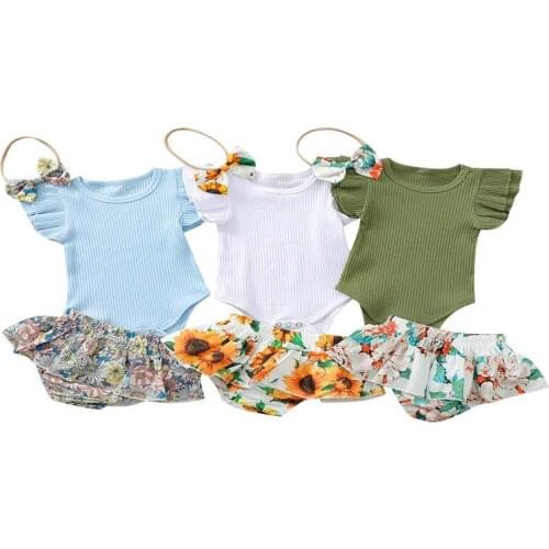 Newborn Baby Three Piece Girl’s Clothes Fresh Solid Color Fly Sleeve Romper and Flower Short Pants with Headband Cotton Clothes