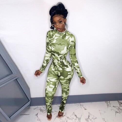 Activewear Bodycon Bandage Sport Women Romper Camouflage Print Long Sleeve Outgoing Slim Jumpsuit Fall Body-shaping Catsuit New