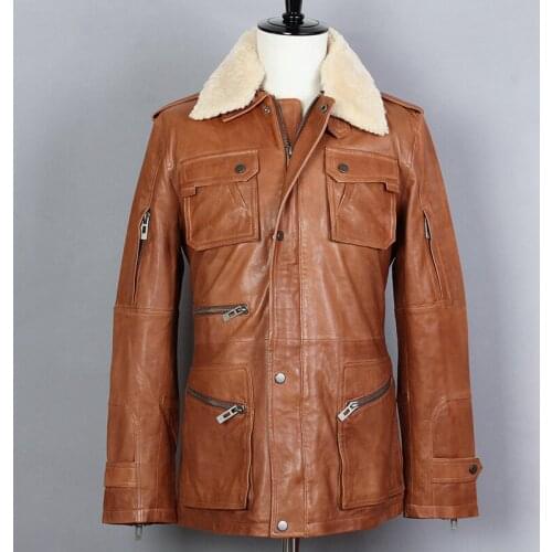 Mans Casual Lambswool Genuine Leather Jacket Men Multi-pocket Fur Collar Sheepskin Winter coat Slim Fit Long Bomber Jacket