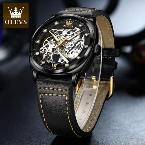 OLEVS Men Watche Luxury Fashion Bussness Breathable Leather Luminous Hand Mechanical Watches Gifts for Male relogio masculino