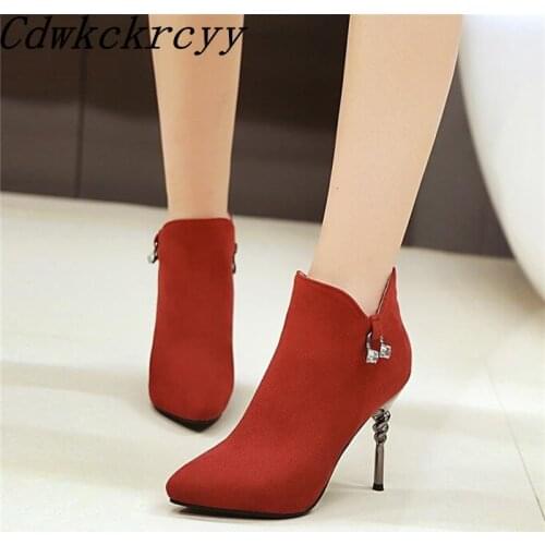 Winter New pattern fashion Europe and America Cusp gules Suede Short boots Fine heel Add wool Keep warm Women Boots size 34-43