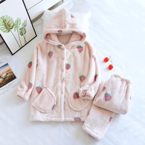 Fdfklak New Sleepwear Women 2PCS Pajamas Set Autumn And Winter Thick Hooded Flannel Lingerie Soft Pijamas Lounge Wear