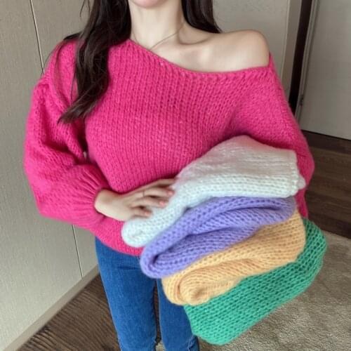 Zoki Thick Women Sweater Loose Cute Autumn Oversize Knitted Jumper Sexy Off Shoulder Sweet Long Sleeve Female Sweater Tops 2021