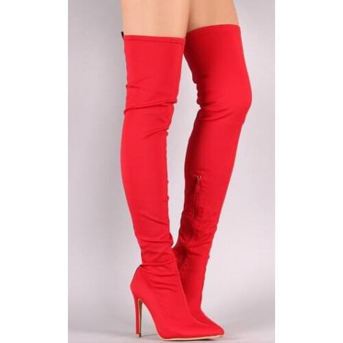 Moraima Snc Pointed Toe Women Long Boots Fashion Stretch Fabric Over the Knee boots Big Size Thigh High Boots Red Black