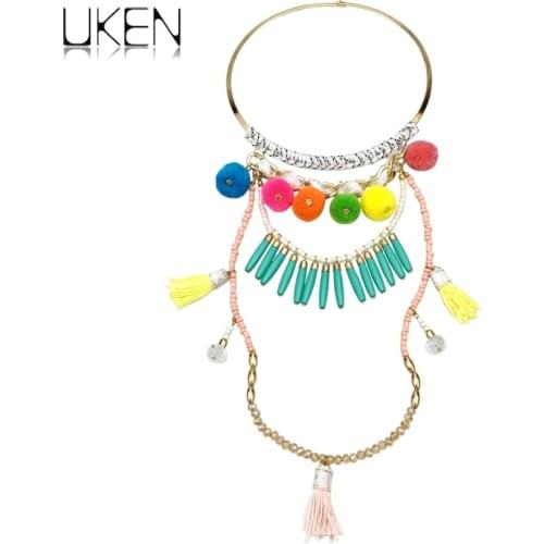 UKEN Colorful Balls Crystal Beads Charm Long Pendants Necklaces Bohemia Women Metal Choker Statement Necklace Layered Bijoux