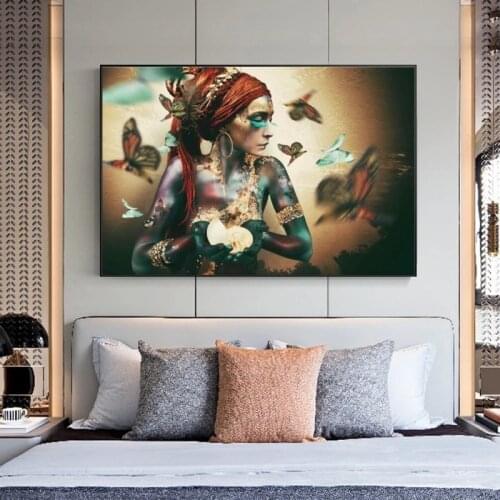 African Woman with Butterfly Canvas Paintings on the Wall Art Posters And Prints Colorful Black Girl Art Picture Home Decoration