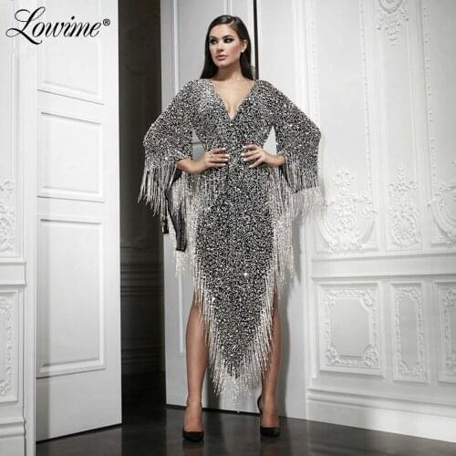 Beading Tassel Arabic Dubai Evening Dresses Vestidos De Noche Sequined 2021 Black Silver Ankle Length Party Gowns Prom Dress
