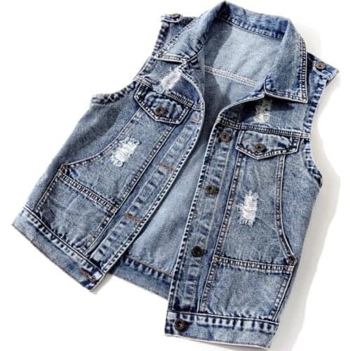 2021 Spring autumn hole sleeveless denim women short slim top jacket plus size 3XL