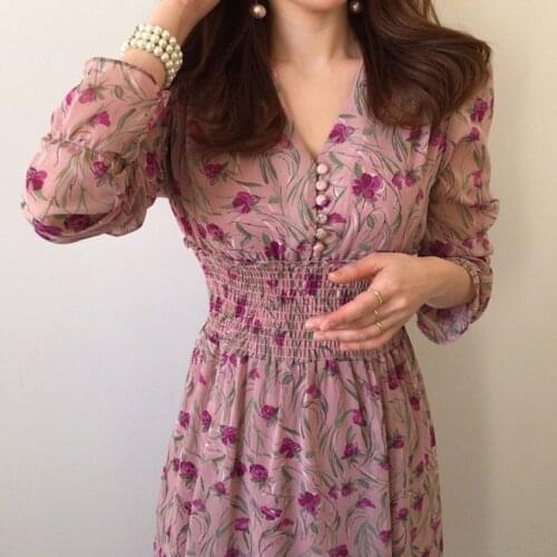 Fashion V-neck Floral Print Elastic Waist Women Dress Vintage Flare Sleeve Front Buttons A-line Female Long Dresses