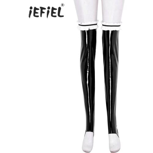 Sexy Stockings Women Lingerie Ruffled Lace-up Thigh High Stockings Punk Erotic Wet Look Patent Leather Over Knee Stockings