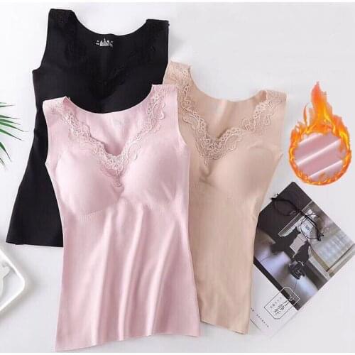 Women 2021 Autumn Winter Thermal Underwear Warm Thick Vest Female Slim Tank Top Sexy Ladies Solid Lace Soft Thermal Clothes A431