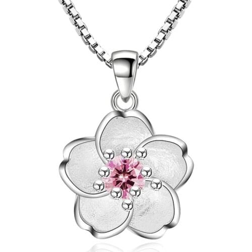 100% 925 sterling silver shiny crystal Cherry blossoms flower fashion ladies`pendant necklaces women short box chain wedding