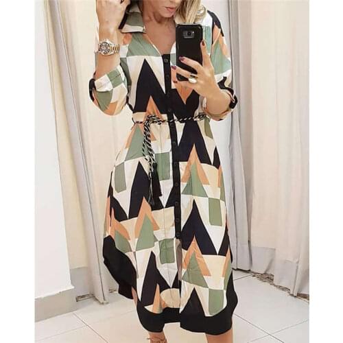 Spring And Summer Womens Cover-Up Blouse Dress Wave Print Long-Sleeved V-neck Casual Loose Holiday Mid-Length Dress Plus Size