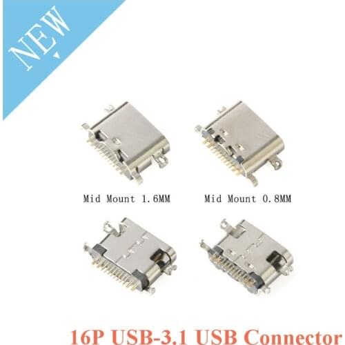 10pcs 16P USB-3.1 USB Connector Type C Horizontal Mid Mount Female 1.6mm Through Board 0.8mm for Charger Adapter SMT DIY Type C