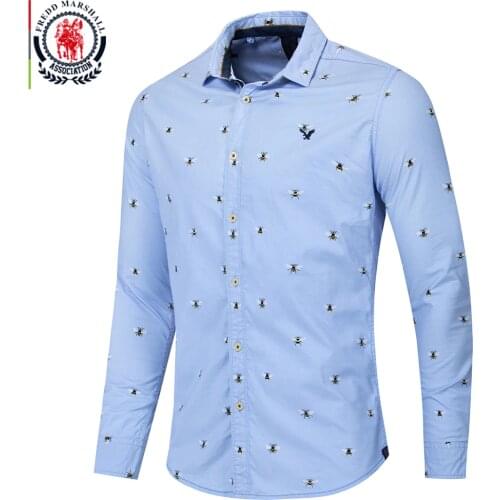 Fredd Marshall 2019 New Fashion Men Bee Printed Shirt 100% Cotton Casual Social Dress Shirt Long Sleeve camisa masculina Top 223
