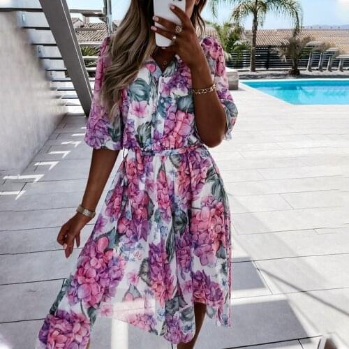 Bohemian Summer Womens Dress 2021 Fashion Casual Floral Print Beach Holiday Sundress Lady Boho Elegant Dresses For Women Clothes