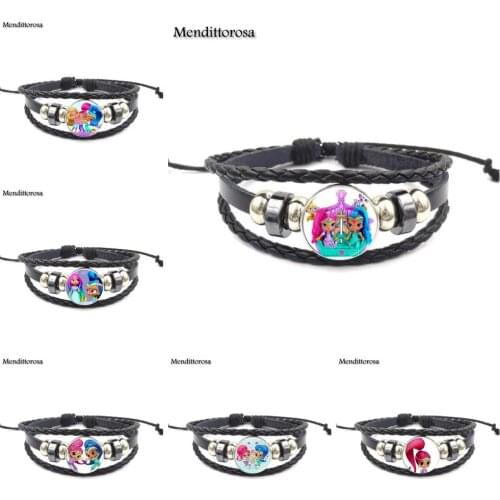 Mendittorosa Brand Glass Cabochon Black Leather Bracelet Bangle Jewelry Gift For Her Shimmer And Shine