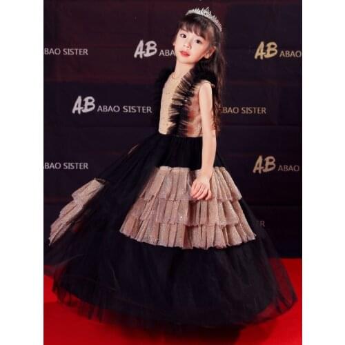 Black Princess Girl Dress Apricot Elegant Birthday Evening Flower Girl Dresses Wedding Party Summer Vestidos Dresess AE50GD