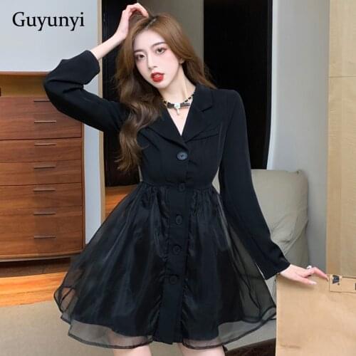 Elegant Party Mini Dress 2021 Autumn Black Simple Neotched Neck Single Breasted High Waist Spliced Mesh A-Line Dress Women
