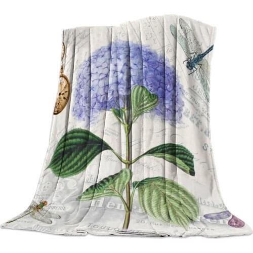 Purple Flower Dragonfly Clock Retro Throw Blanket Portable Soft Blanket for Sofa Microfiber Flannel Blankets for Beds