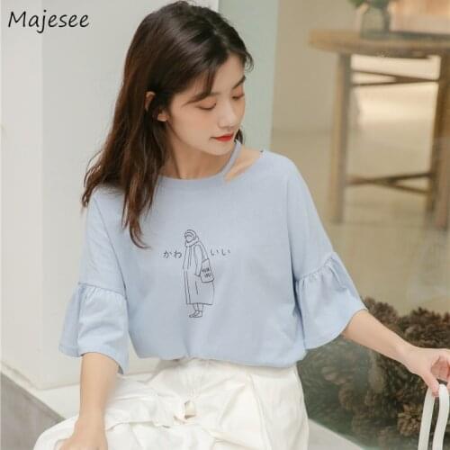 T-shirts Women Light Blue Fresh Ulzzang Shoulder Hollow Out Sweet Girl Tops Summer Simple Cartoon-printed Butterfly-sleeve Chic