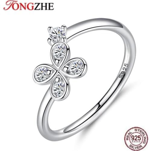 TONGZHE 925 Sterling Silver Open Ring Flower Minimalist Finger Rings For Women Bohemian Jewelry CZ Crystal Adjustable Thin Ring