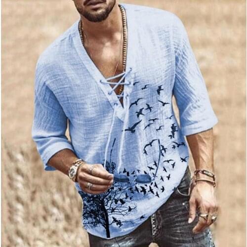 Fashion Men Printed V Neck Front Lace Up Middle Sleeve Tee Shirt Pullover Short Sleeve Tees Casual Tops Streetwear for Vacation