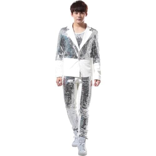 2016 New Male Silver Paillette Slim blazers costumes Male DJ ds leather clothing set Nighclub Singer Dance Stage show wear