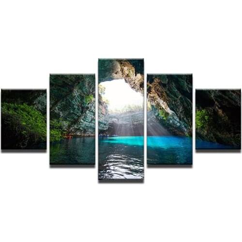 New 5 Panel Large HD Printed Oil Painting Cave Canvas Print Art Home Decor Wall Art Pictures For Living Room