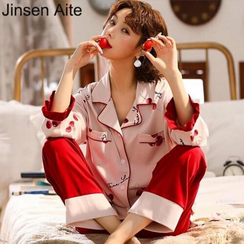 Jinsen Aite New Autumn Winter Cotton Pajamas Sets Women Long Sleeve Large Size Lady Sleepwear Sweet Print Home Clothes JS827