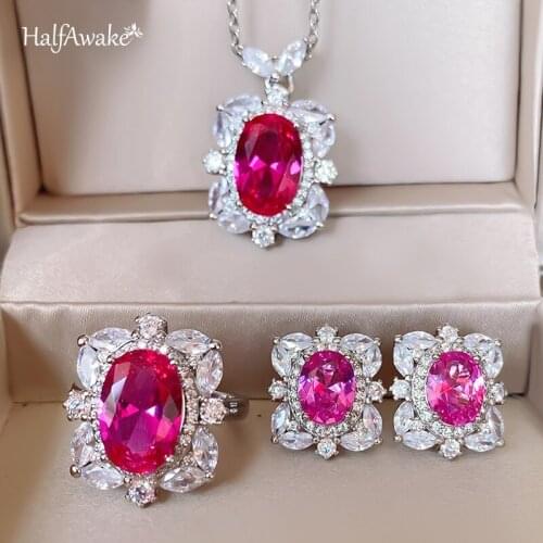 S925 Silver Jewelry Set 18K Platinum Plated Classic Rose Tourmaline Dan-Shaped Ring Pendant Mothers Day Gift Retro Palace Style