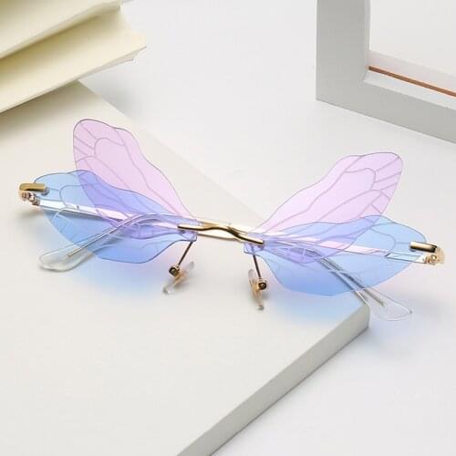 Rimless Vintage Dragonfly Shape Sunglasses Women Steampunk Sunglasses Men Frameless Gradient Clear Lens Glasses Shades Oculos