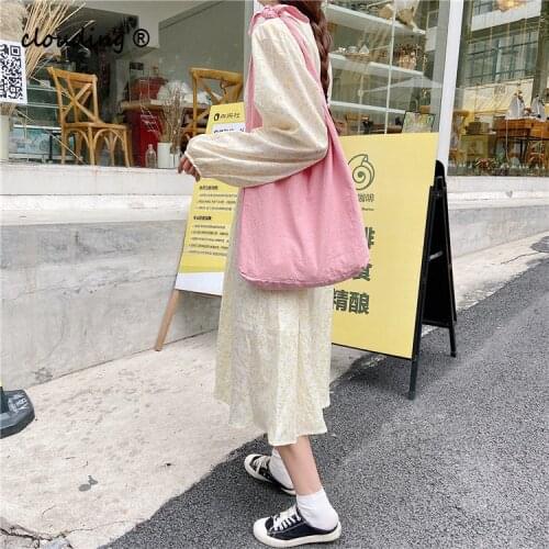 Pure Color Womens Shoulder Bag Large Capacity Cotton Casual Shopping Tote Simple Fashion Student Handbag for Spring Summer