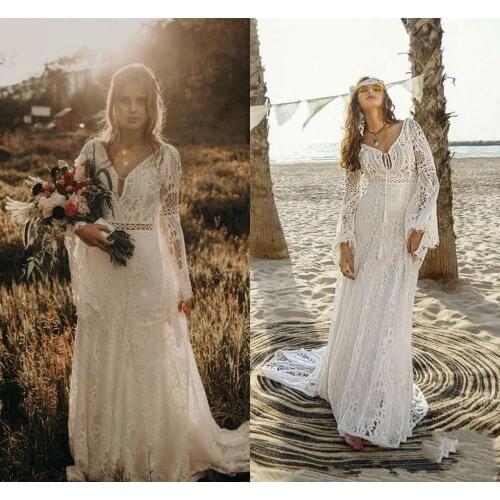 Vintage Crochet Lace Wedding Dresses with Long Sleeve 2021 V-neck Mermaid Hippie Western Country Cowgirl Bohemian Bride Gowns