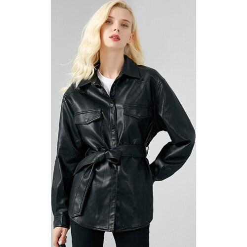 2021 Womens Leather Jacket Faux Single Breasted Sashes Outwear Long Sleeve Windproof Black Moto Elegant Pu Shirts Blouses Coat