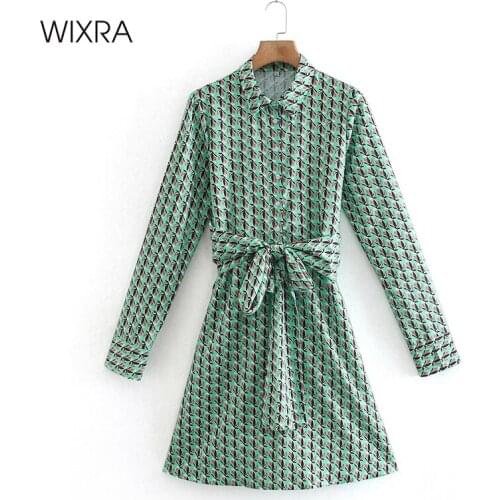 Wixra Lace Up Dresses Womens Turn Down Collar Empire Full Sleeve Street Wear Print Clothing Spring Summer New Fashion