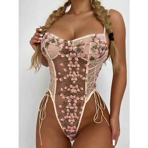 Women Floral Embroidery Lace-up Sheer Mesh Teddy Femme Crochet Cute Erotic Babydolls Sexy Strap Lingerie Lady Porn Costumes traf