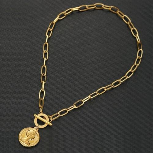 Vintage Carved Coin Necklace For Women Stainless Steel Gold Color Medallion Pendant Necklace Long Choker Boho Jewelry Collier